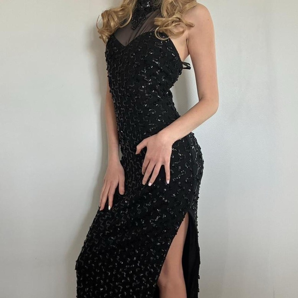 L.A. Glo Vintage Black Sequin Halter Neck Collared Maxi Dress